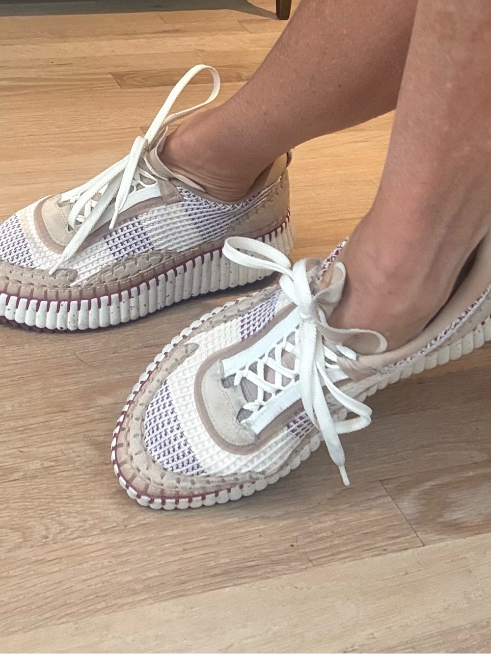 Chloe Nama White and Beige Woven Platform Sneakers